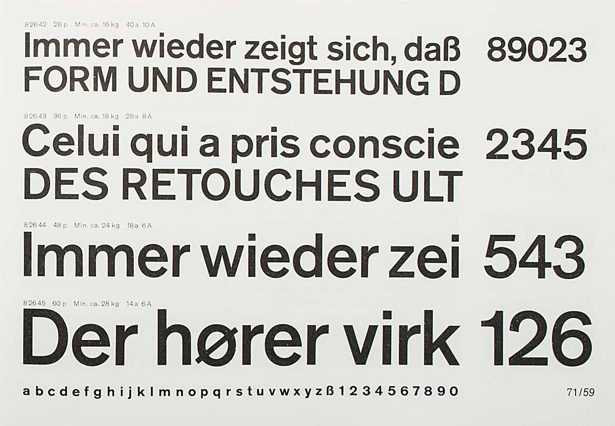 See the inconsistent changes in each of Akzidenz Grotesk’s weights available by the early 1960s, most notably in ‘a’, ‘s’, ‘S’ and in the figures. From top to bottom: Akzidenz Grotesk (reminiscent of the 1898 original), Serie 57 (released in 1962), AG halbfett (following the medium weight released in 1909).  (Reproduziert aus *Berthold-Schriften/Caractères Berthold/Tipos Berthold/Berthold Types. Probe Nr. 476*, Berlin/Stuttgart 1978, with kind permission from the collection of Erik Spiekermann.)