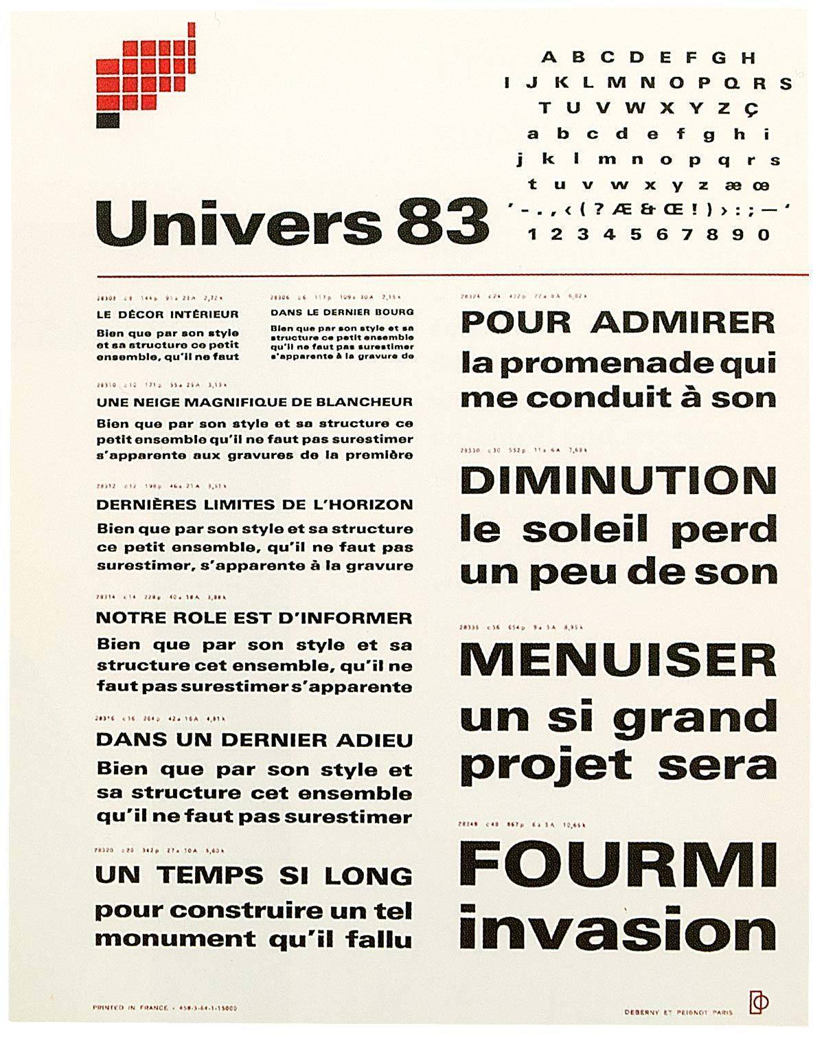 This Univers specimen designed by Rémy Peignot for [Deberny & Peignot](/designers/deberny-peignot) in 1964 is one of the most notable type catalogues ever published. It opens with Peignot’s Univers diagram, that is used in a miniature version for navigation on the collection of loose sheets to indicate each weight’s position within the system. (Reproduced from *The Book of Books*, Cologne 2012, with kind permission of Mathieu Lommen)