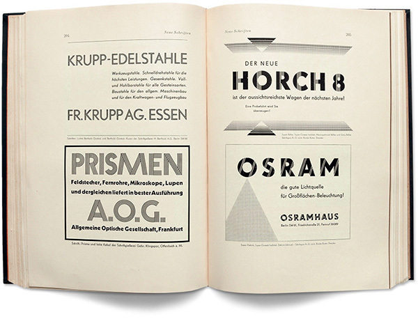 Type specimen showing off the ornamental companions that most geometric faces were equipped with at the time: Lichte Berthold-Grotesk, Kabel’s Prisma, Super-Reflex and Super-Elektrik.
