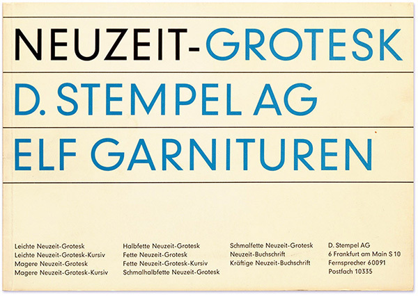 Type specimen of Neuzeit-Grotesk from the early 1960s. This little booklet lists all eleven weights designed for the Linotype composing system from light to bold as well as the condensed and Neuzeit-Buchschrift fonts.