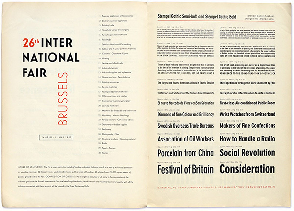Elegant Sans on the left, Stempel Gothic’s condensed weights on the right. A little caption in the upper right corner notes Stempel Gothic’s renaming into Stempel Sans.
