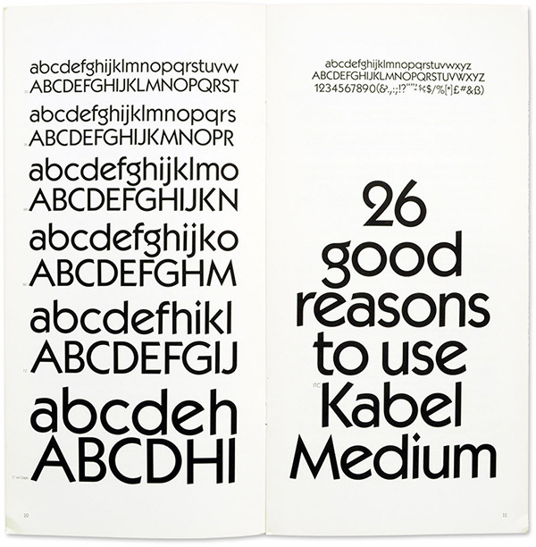 Double spread of an 1976 ITC Kabel specimen with the foundry’s famous line »26 good reasons to use ...«.