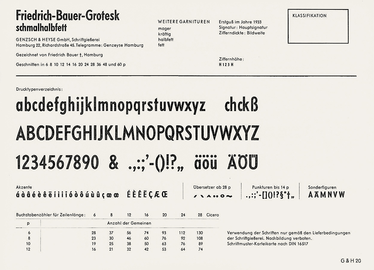 The first extension to Friedrich-Bauer-Grotesk was the weight *schmalhalbfett* (condensed medium). Seen here on a type founder’s index card of Genzsch & Heyse, who distributed the type after the war. Their information of the font’s first casting in 1933 on the top of the card is not accurate. (From the collection of Hans Reichardt’s type founder’s index cards.) 