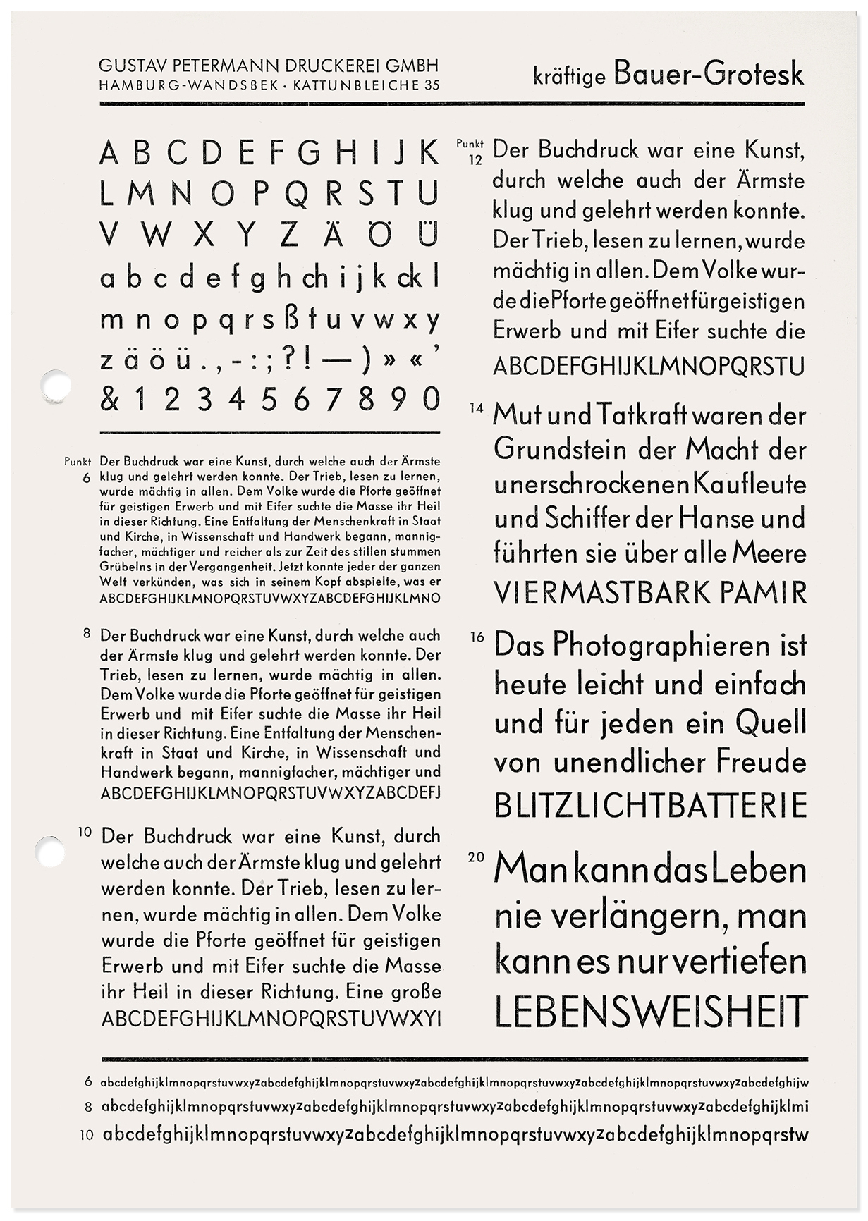 A proper regular weight, that sits between the *mager* and *halbfett* weights was released later: *kräftig* as seen here on a specimen card of the Hamburg-based printing house Gustav Petermann. Note the lack of ‘Friedrich’ in the typeface name. (With kind permission from the collection of Dr. Thomas Maier.) 