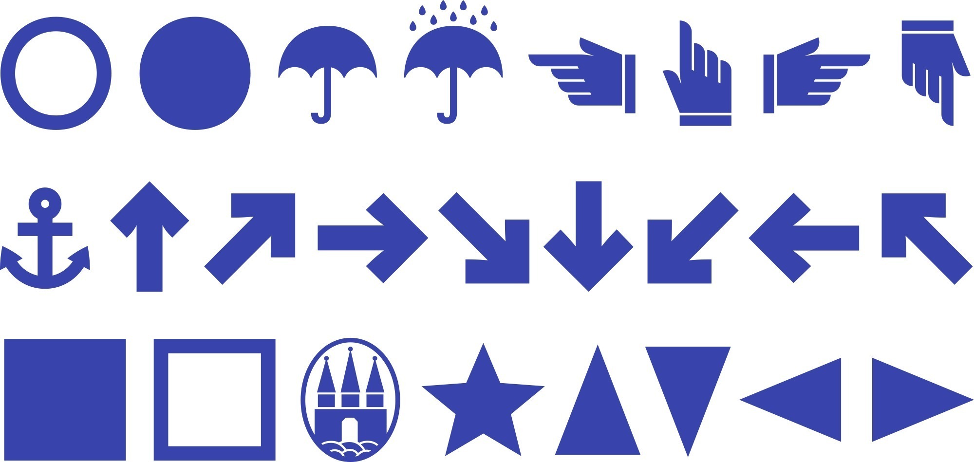 A selection of shapes, arrows and even hands (with little sleeves) round off the font. What’s more, note the selection of “Hanseatic features”: an umbrella, an anchor and the coat of arms of the city of Altona (the home of J. D. Trennert & Sohn). 
