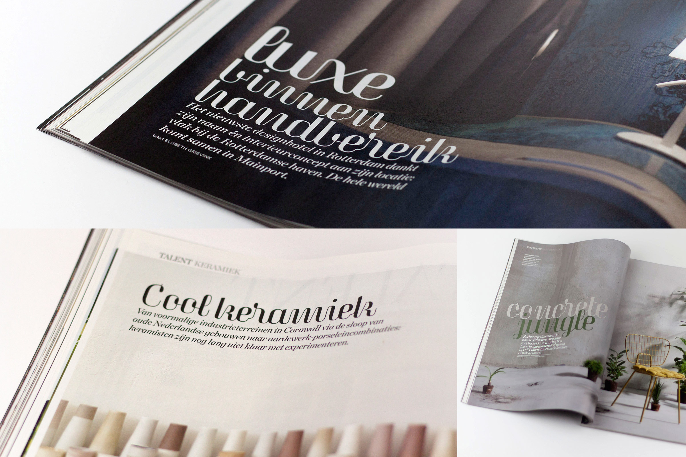 Magasin in use in the Dutch interiors decoration magazine “NL Elle Decoration”. This high-contrast display typeface is inspired by the pointed pen and copperplate calligraphy, yet with a retro-chic twist. It combines a sense of script with geometric and slightly condensed structure resulting in idiosyncratic curves softly connecting the vertical elegance of its forms. Magasin is ideally suited for use in large sizes in magazines headlines, posters or packaging.