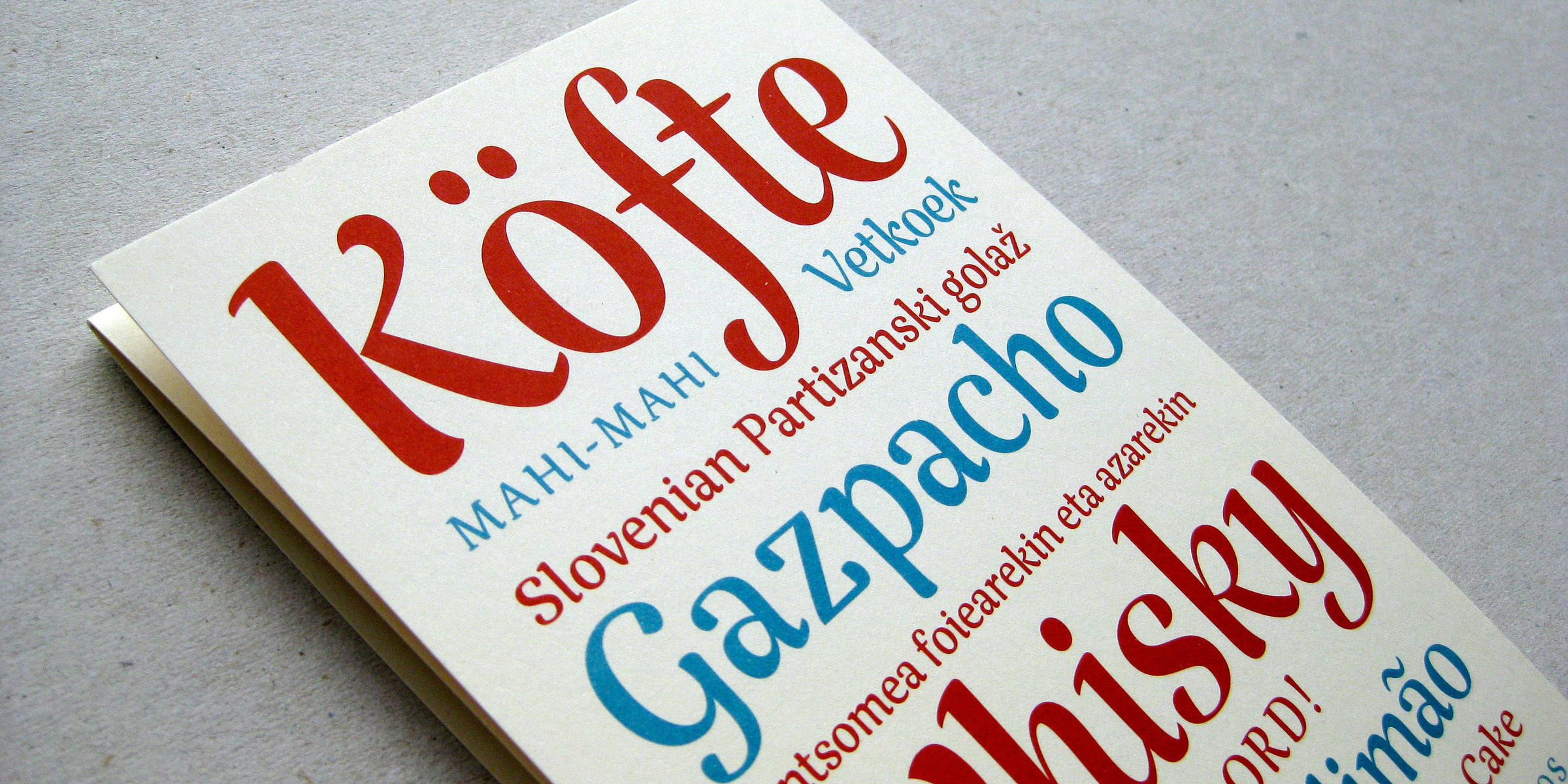 Rumba consists of three variants – Small for texts, Large for headlines and Extra for words with a lettering flavour. The family is based on the idea of fonts that are interrelated depending on the differences in contrast, expressiveness and use, not on the classic range of weights. Developed during Laura’s year at the Postgraduate course Type and Media at the KABK in The Hague. The typeface received a TDC 2005 Certificate of Excellence in Type Design, and awarded at ATypI Letter.2 2011.