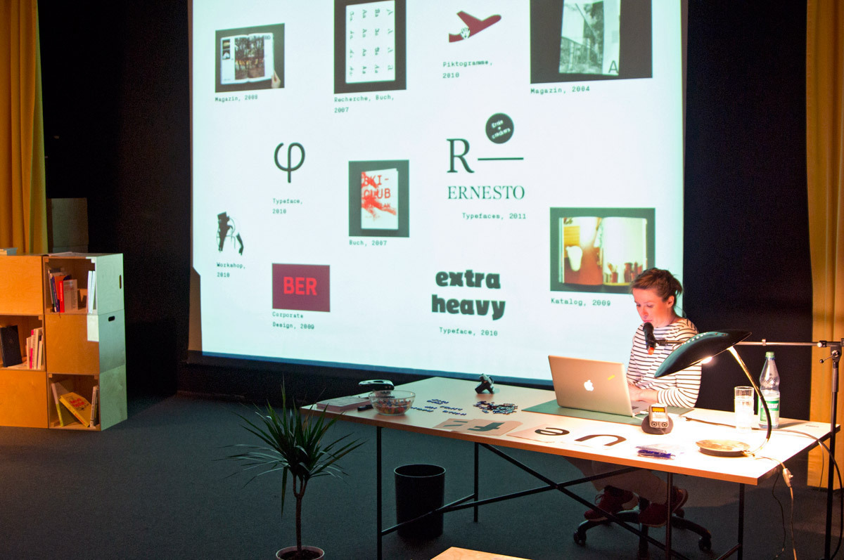 (this image and top image) Linda Hintz at Typo Talk #2, March 28, 2012 – a series of lectures about typography at the Gutenberg Museum in Mainz, Germany. Photo by Patrick Hepf. © Marcel Häusler