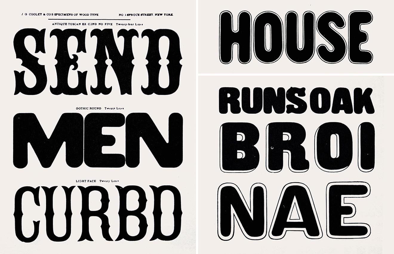 Round letterforms made some of their earliest appearances in American wood type specimens: 20 line pica Gothic Round from Cooley, 1859 (left); 14 line pica Gothic Condensed Shade “open rounded” from Nesbitt, 1838 (top right); 8 line pica Condensed Round Gothic, 16 line pica Condensed Round Open Gothic No. 2 and 12 line pica Round Open Gothic No. 1 all from Knox, 1858. (source is Rob Roy Kelly: American wood type: 1828–1900. Notes on the evolution of decorated and large types, New York 1977)
