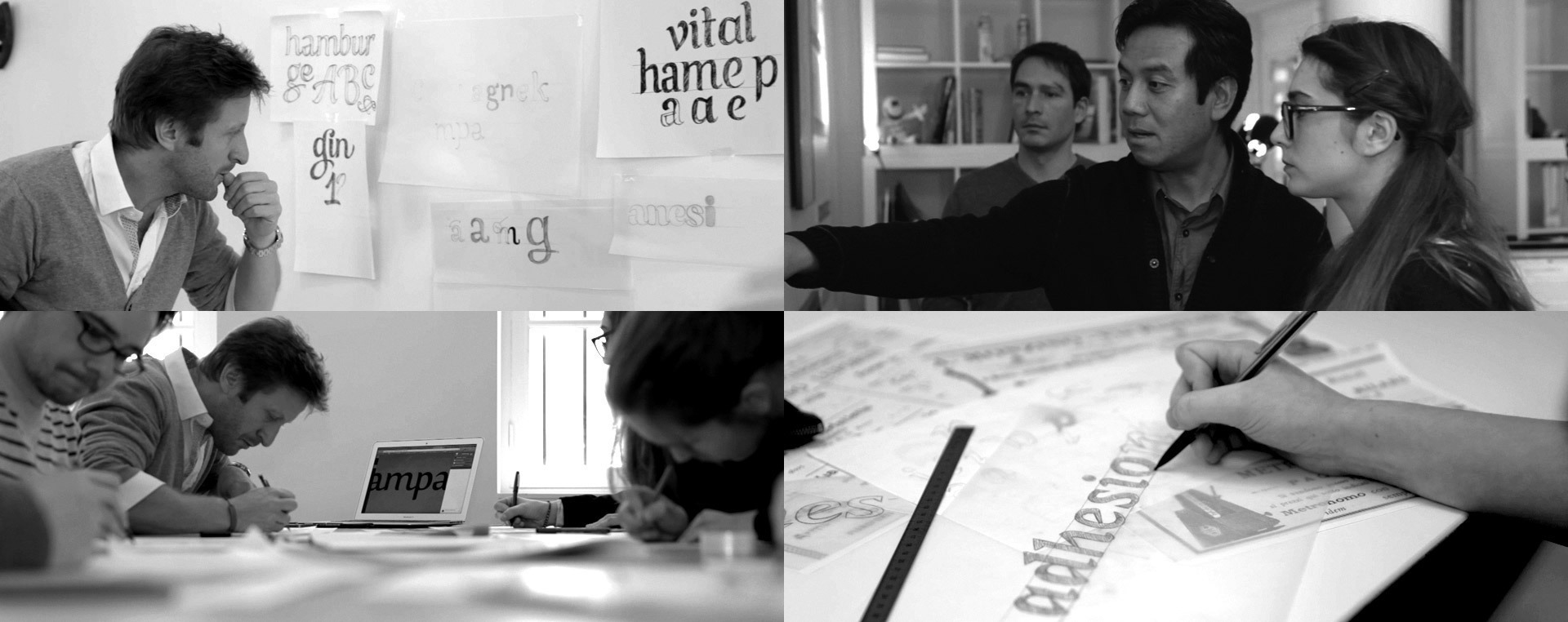 Clockwise from top left: Grégori Vincens evaluating typographic concepts; Gia Tran (middle) discussing a type project with Jérémie Hornus (left) and Valentine Proust (right); drawing type; the Fontyou studio at work.