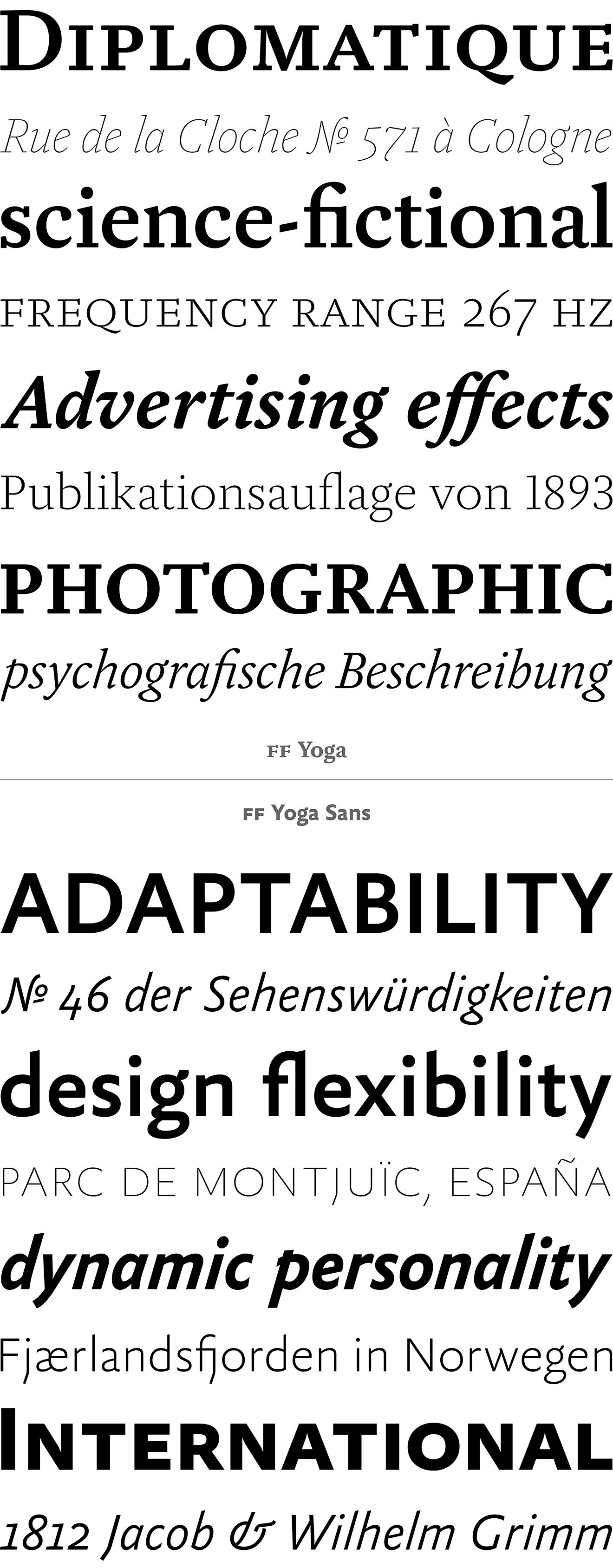 FF Yoga designer Xavier Dupré has taken the popular sans and serif typeface and turned it into quite the superfamily with the addition of Hairline, Thin, Light and Medium weights.