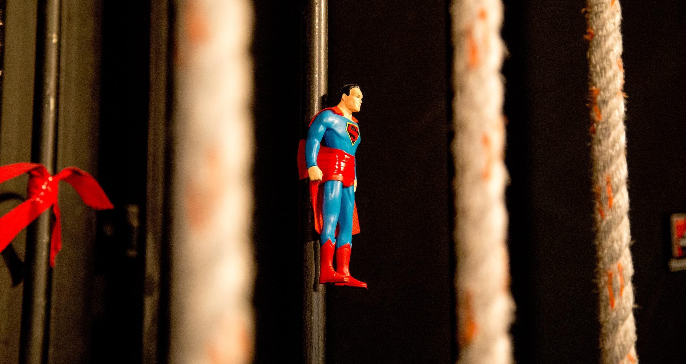 Superman backstage marking the curtain line