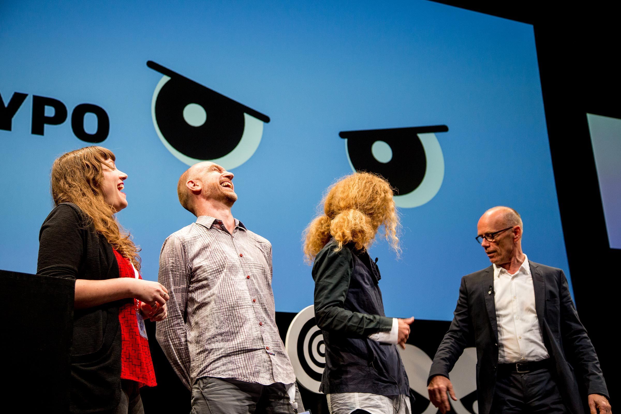 Facilitators Ceci Moss & Yves Peters in the Screening Room, and Kali Nakitas & Erik Spiekermann covering the main stage