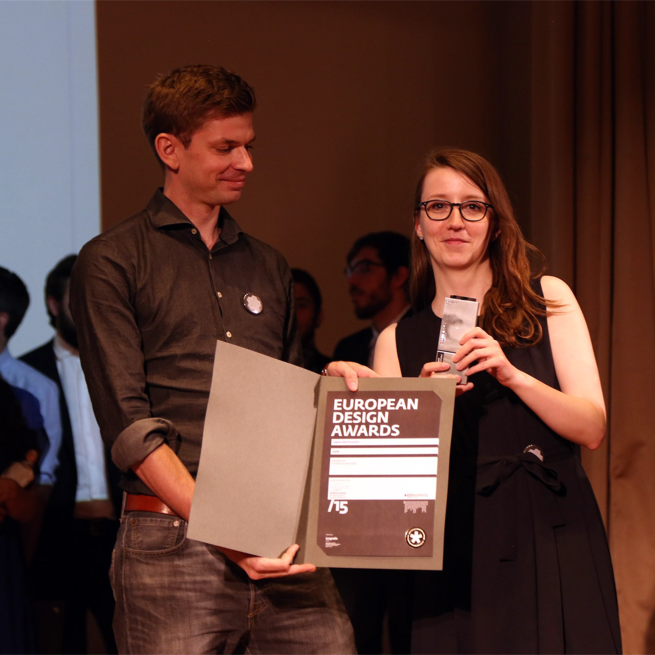 Jörg Haubrichs, Senior Internet Software Developer and Manager Web Development, and Jana Kühl, UI/UX Designer, with the Gold Award and certificate at the European Design Awards ceremony in Istanbul, Turkey on Saturday, 23 May 2015.

