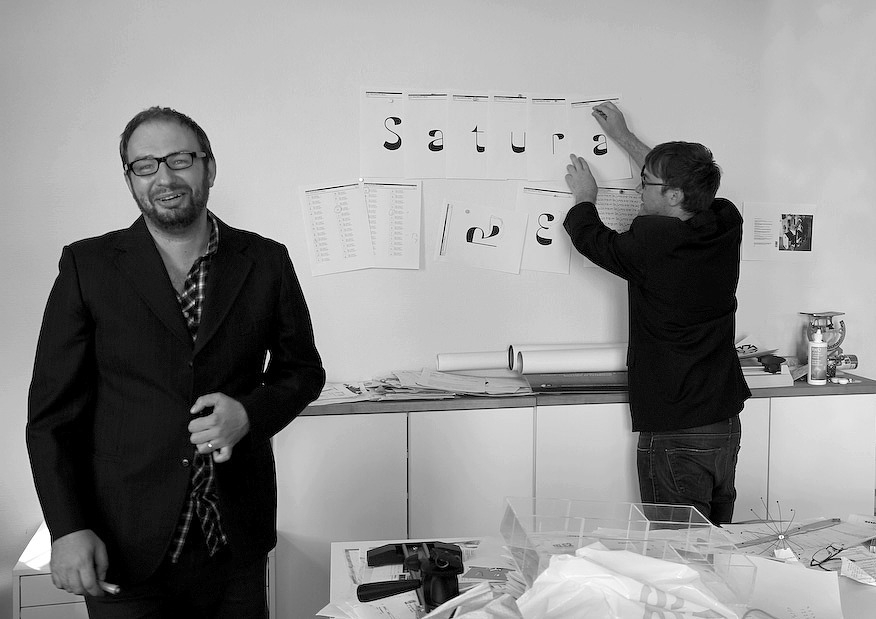 [Peter Bruhn](/designers/peter-bruhn) and [Göran Söderström](/designers/goeran-soederstroem) putting up [Satura](/families/satura) proofs. [Photo courtesty of Göran Söderström](http://blog.lettersfromsweden.se/post/77594541007/peter-bruhn-1969-2014).