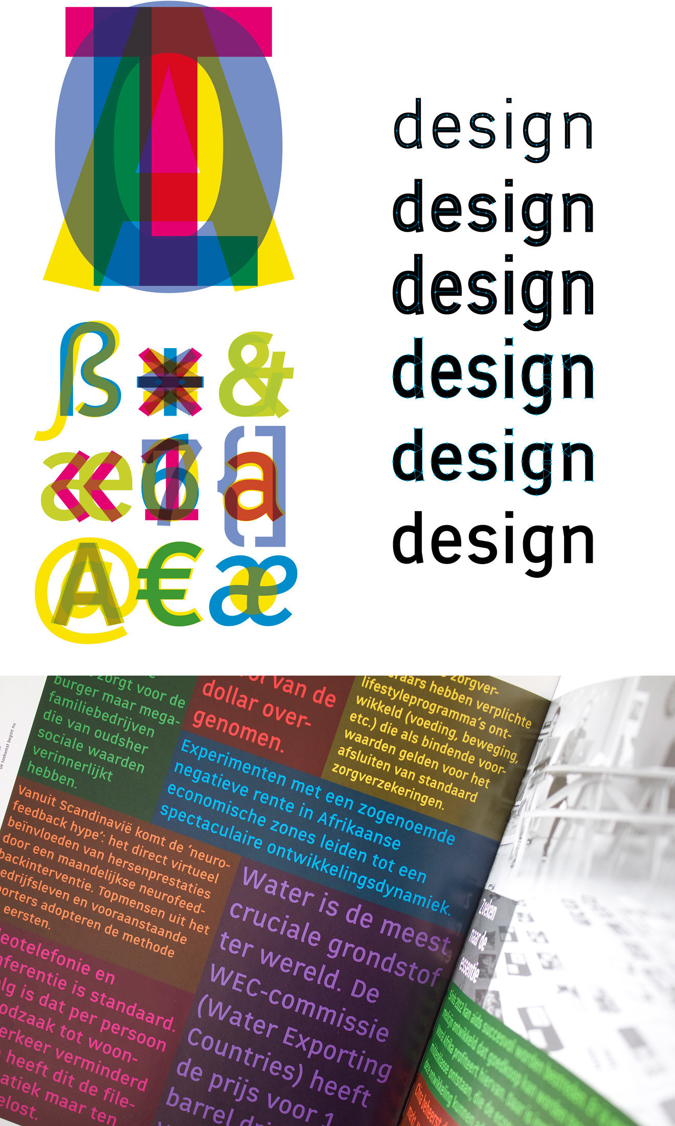 Oneliner, designed by Aad van Dommelen as corporate typeface for Total Identity, with at the upper right the evolution from monoline concept to finished typeface with optical corrections.