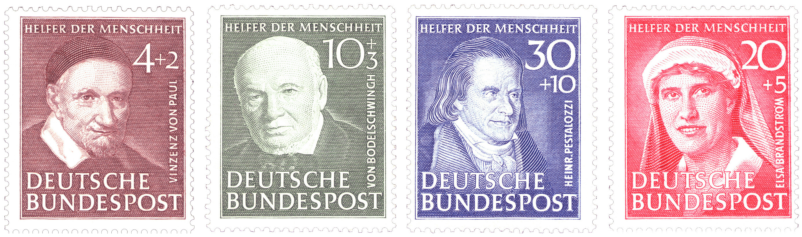 Four postage stamps from the 16-part series “Helfer der Menschheit” (Helper of Mankind, 1949–1953), designed by Hermann Zapf.
