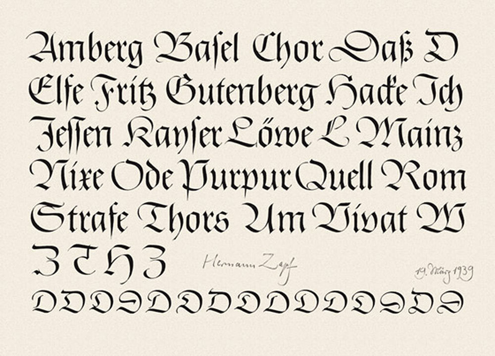 Original drawings for Gilgengart Fraktur by Hermann Zapf, dated March 19, 1939, with a series of capital D variants at the bottom of the page.