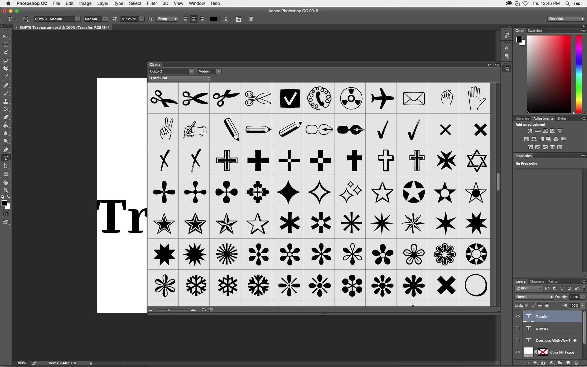 The Glyphs panel in Adobe Photoshop CC 2015 showing the otherwise inaccessible icons and dingbats in [Frank Grießhammer](/designers/frank-griesshammer)'s [FF Quixo](/families/ff-quixo)™ typeface.
