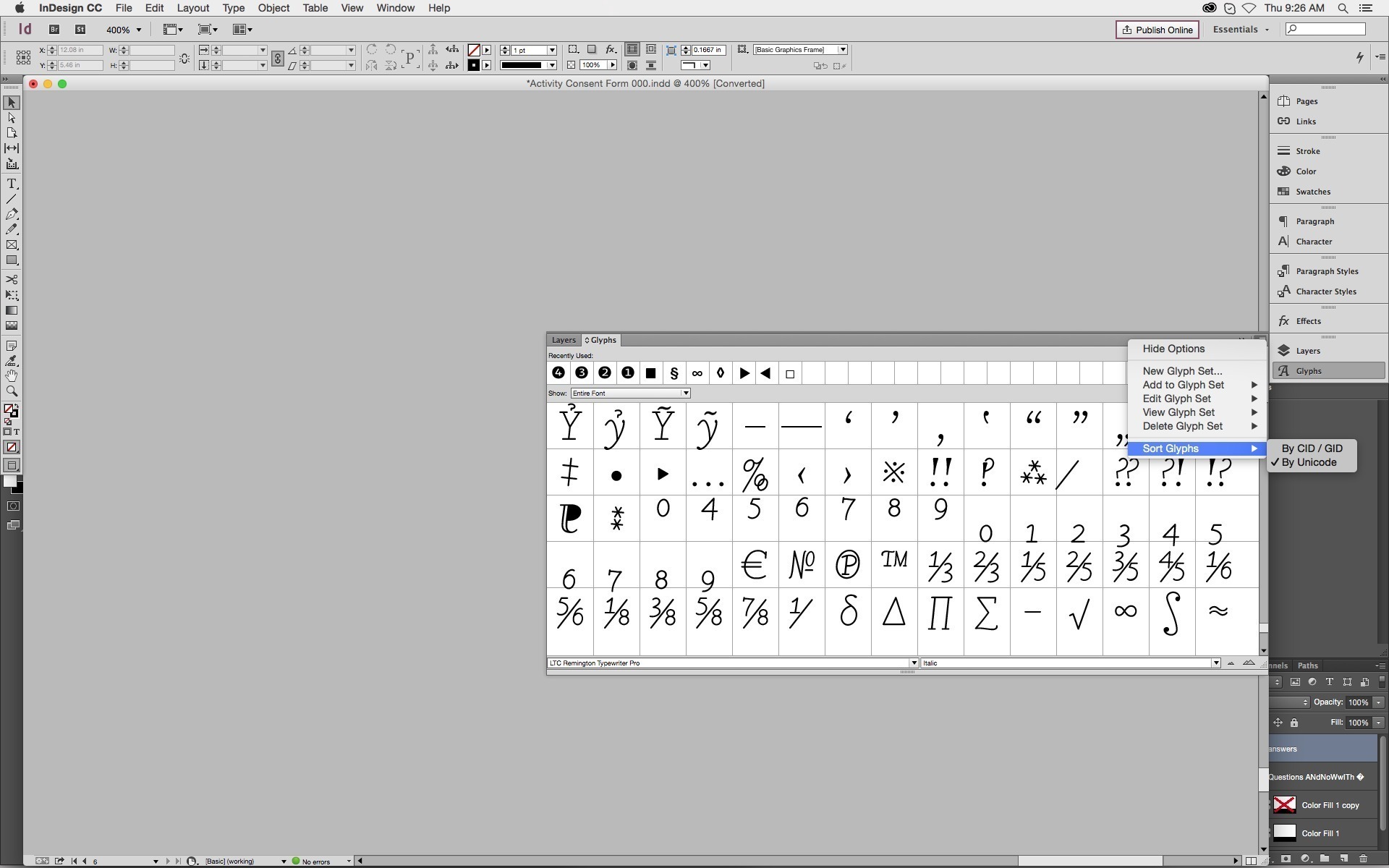 The Glyphs panel in InDesign allows the user to arrange it by Glyph ID versus Unicode sorting order, and also to create custom sets. These capabilities – together with many other improvements to the typographic interface – will be added in upcoming releases of Adobe Photoshop CC 2015.