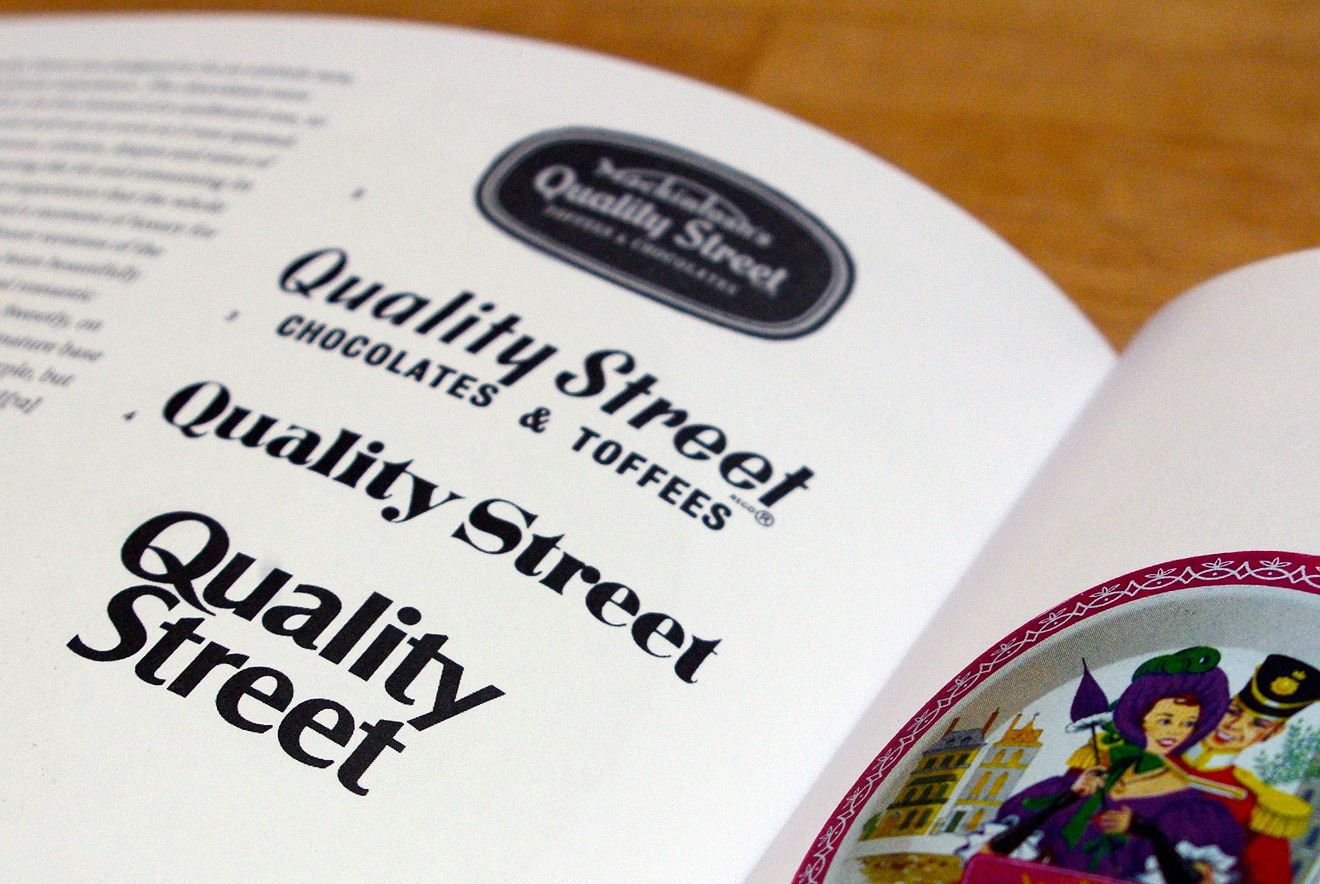 Evolution of the Quality Street logotype, from the 1940s to the 1990s. On the next spread it is compared to Bauer Bodoni, Poster Bodoni, Didot and Walbaum.
