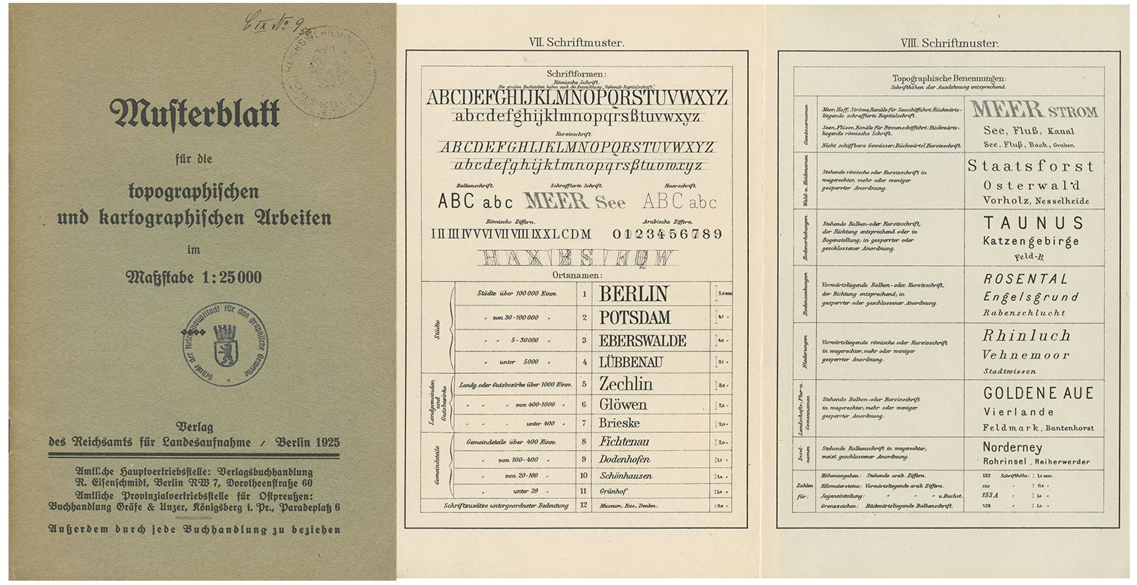 Cover and inside spread from “Musterblatt” (template) for “topographic and cartographic works.” FF Hertz’s italic shows influences from these German cartographic lettering templates from 1925. 