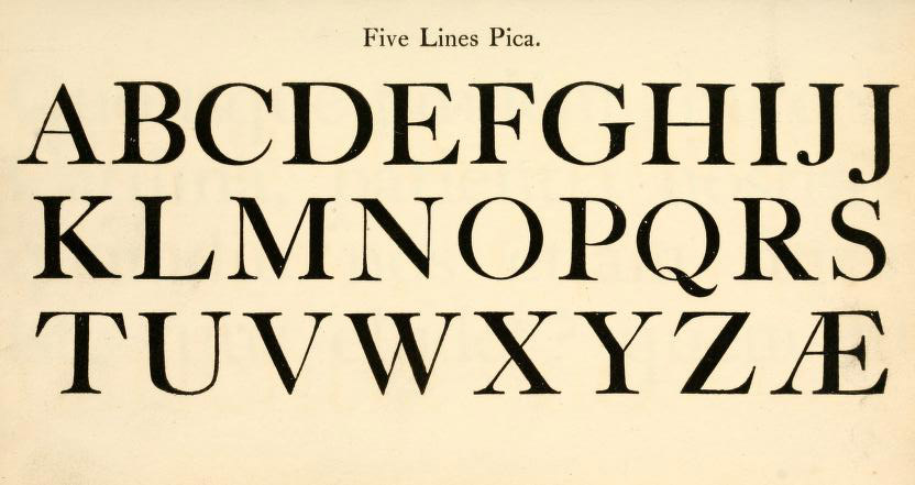 Caslon Five Line Pica typeface specimen which served as a model for Cradley.