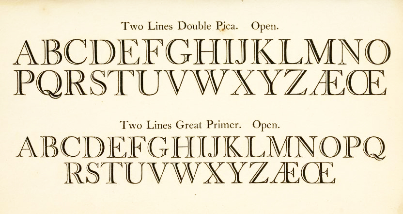 Caslon Open Two Lines Double Pica and Two Lines Great Primer typeface specimen which served as a model for Cradley Open.