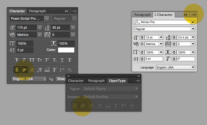 From left to right, the Character/OpenType panels from PhotoShop, Illustrator, and InDesign. Note that when no documents are open, Illustrator’s options are disabled since it requires that all defaults are document-specific.