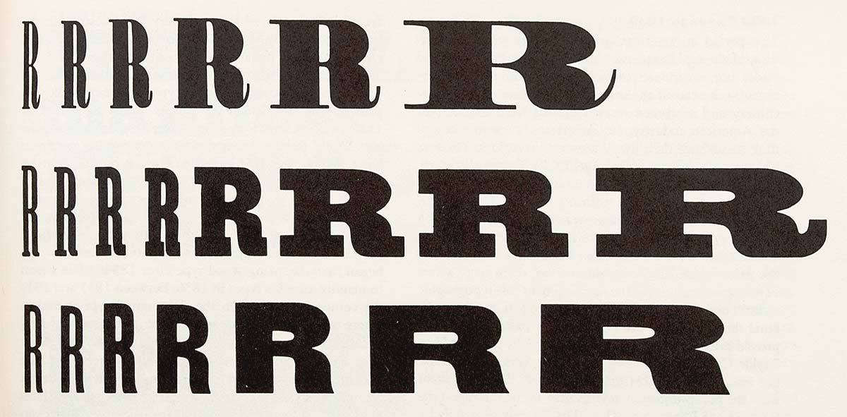 This overview from Rob Roy Kelly’s American wood type: 1828–1900 (New York, 1977) shows the variations of wood type widths available by the 1880s (ranging from XXX condensed to extended) in popular designs such as Roman, Antique and Gothic (from top to bottom).