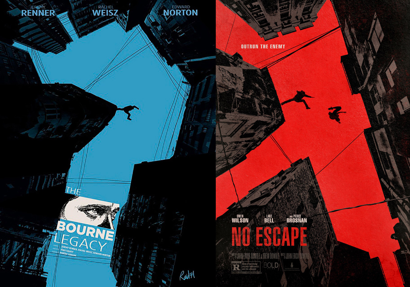 Raid71’s artwork for _The Bourne Legacy_ and Cold Open’s artwork for _No Escape,_ side by side comparison. The Bourne Legacy © 2012 Universal Pictures; No Escape © 2015 The Weinstein Company – Click the image to see the _No Escape_ poster on IMPAwards.