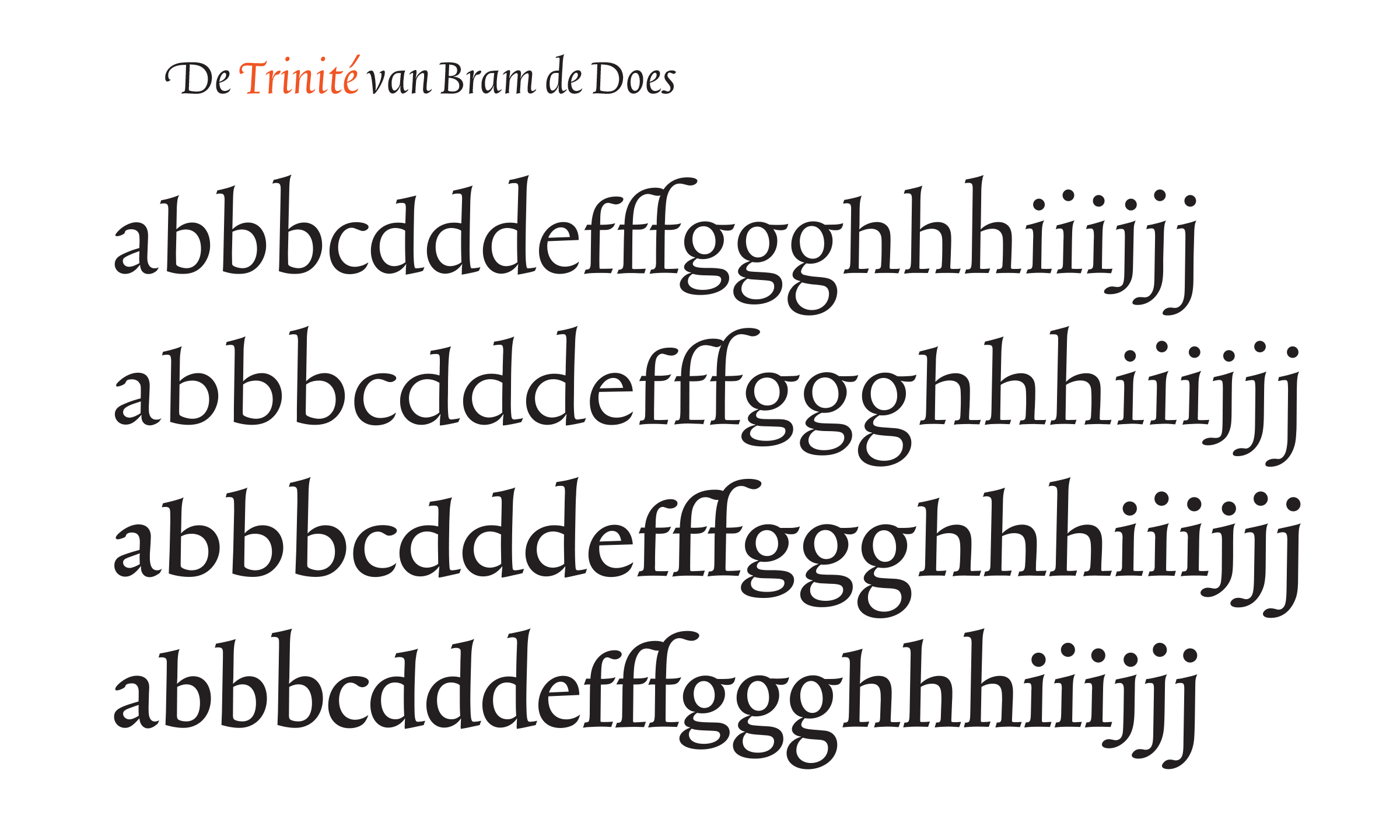 Specimen by Peter Matthias Noordzij, showing the Regular and Medium weights of Trinité in normal and condensed widths, with their three different stem lengths.