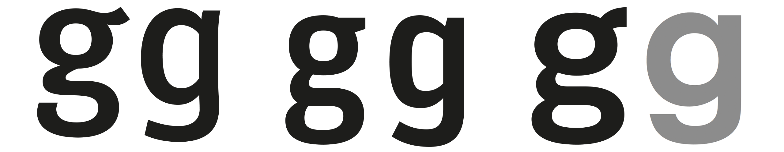 From left to right: FF Meta, FF Unit and FF Real. The double-story ’g’ is the default ’g’ in all three typefaces. The alternative single-story ’g‘ of FF Real was drawn but unfortunately not exported into the final font files.