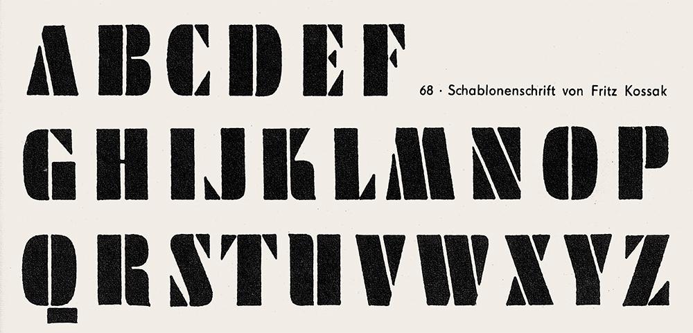 *Schablonenschrift* designed by Fritz Kossack (the name is misspelled in the showing) is close to Futura Black, but rather condensed. Note the gentle curves in ‘K’ and ‘R’. Kossack’s name is mis-spelled in the publication. (Reproduced from *Schriftgestaltung. Schriften zur Kunsterziehung*, vol. 22, Berlin 1975, p. 35)