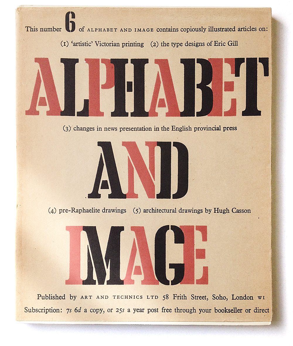 Overlapping stencil letters of a slab serif face on the cover of *Alphabet and Image*, no. 6 (1948).