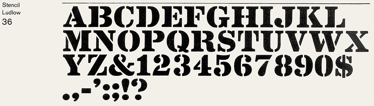 R. Hunter Middleton’s typeface Stencil for Ludlow is a Clarendon-like alphabet with rounded corners and interrupted strokes. Gerry Powel’s stencil face of the same name is rather close in appearance – both were released in 1937, one shortly after the other.