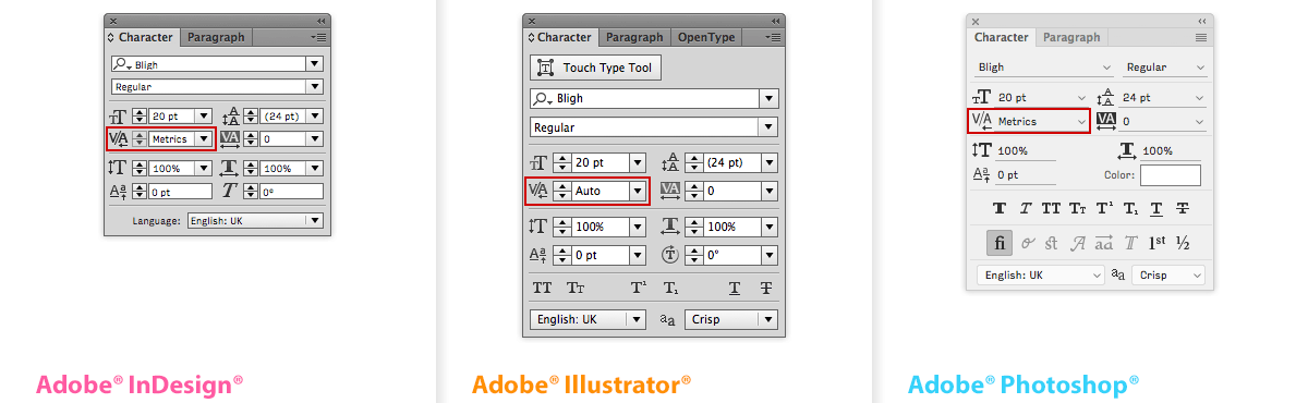 The Kerning dialogue in the Character window, from left to right in Adobe® InDesign®, Illustrator® and PhotoShop®.