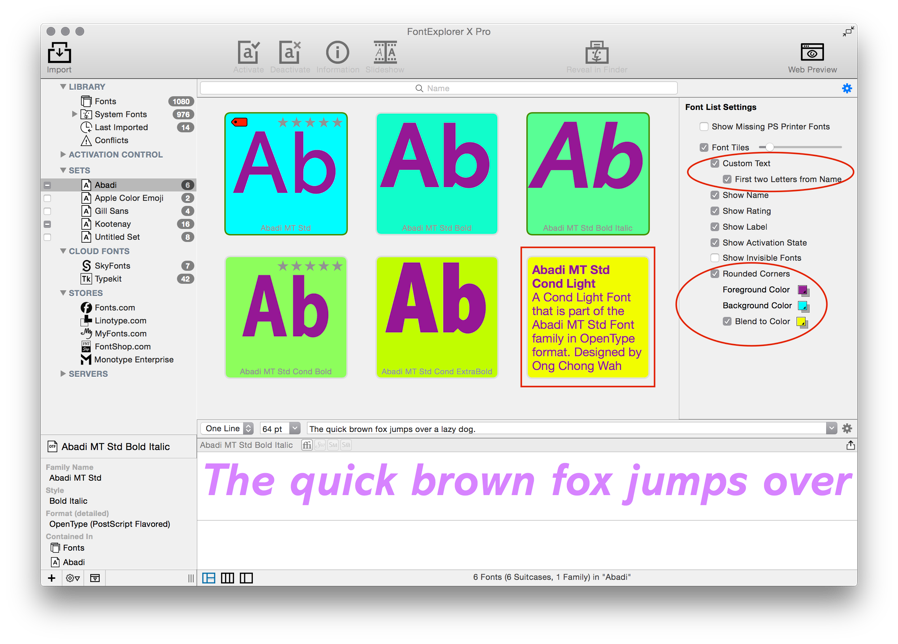 Click custom Text to display the Font Tiles with custom text or you can select to show the first two letters in the font name. When you move the mouse over a Font Tile you will receive more detailed information about that Font.  You can also add color to this view.