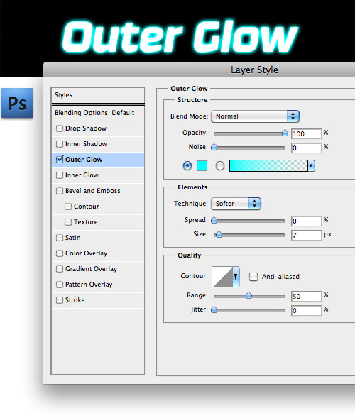 Outer Glow Layer Effect in Adobe Photoshop CS4.