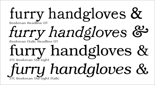Although it is called “Italic”, the original Bookman actually has an oblique; don’t let that swashalicious ampersand fool you. The Ed Benguiat redesign ITC Bookman on the other hand received a “proper” italic. But I largely prefer the original version – more bite and lots of attitude.